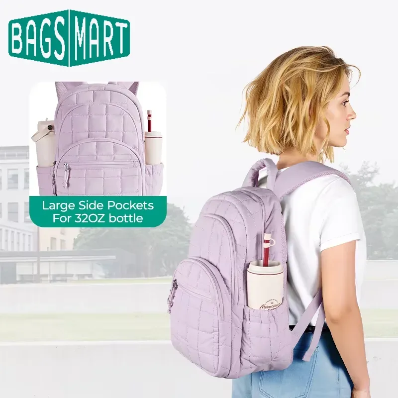sac à dos scolaire bagsmart pour fille, sac à dos matelassé décontracté, résistant à l'eau, pour ordinateur portable de 15,6 pouces, sac à dos tendance pour l'université