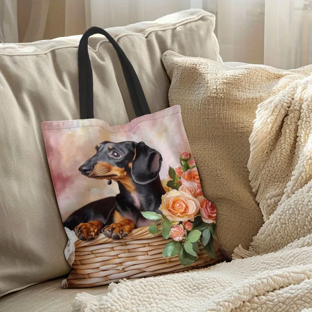 sac fourre-tout de grande capacité, motif floral avec visage de chien teckel mignon, sac d'épicerie rectangulaire spacieux pour femmes et hommes, 1 pièce