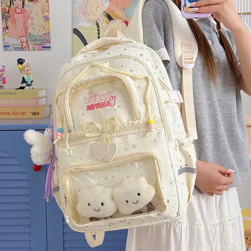 sac à dos pour femmes, sac de voyage multi-poches, joli sac d'école à rayures réfléchissantes avec nœud et étoiles pour adolescentes, sac à livres
