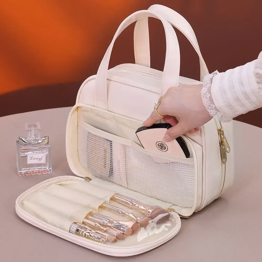 sac de rangement de cosmétiques à deux étages, espace de rangement surdimensionné avec poignées et plusieurs poches, trousse de toilette en matériau pu
