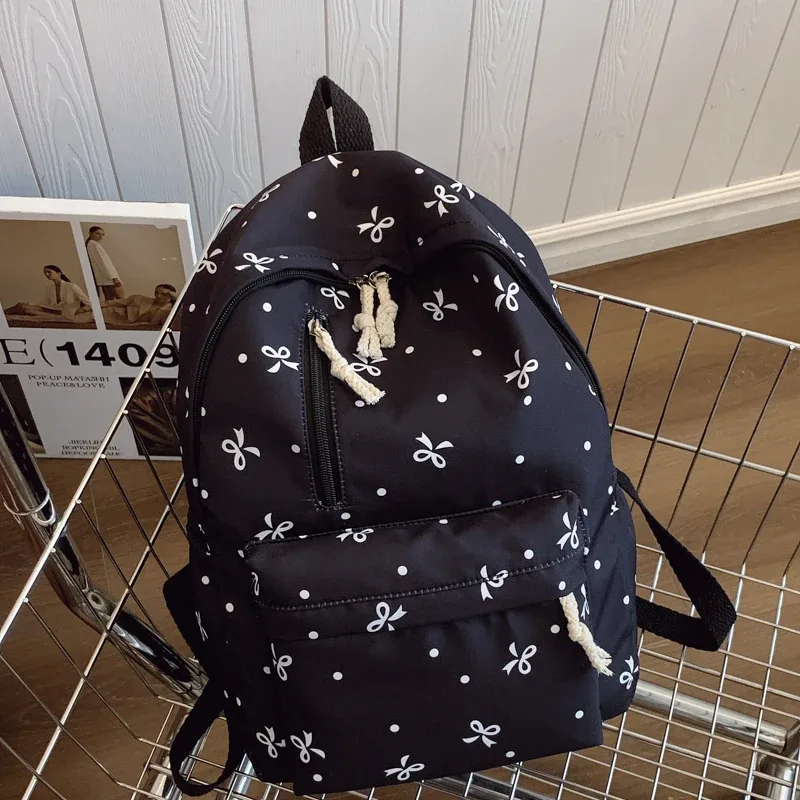 sac à dos matelassé à imprimé nœud ludique pour la rentrée scolaire, à usage quotidien, avec plusieurs poches, bretelles réglables, grande capacité