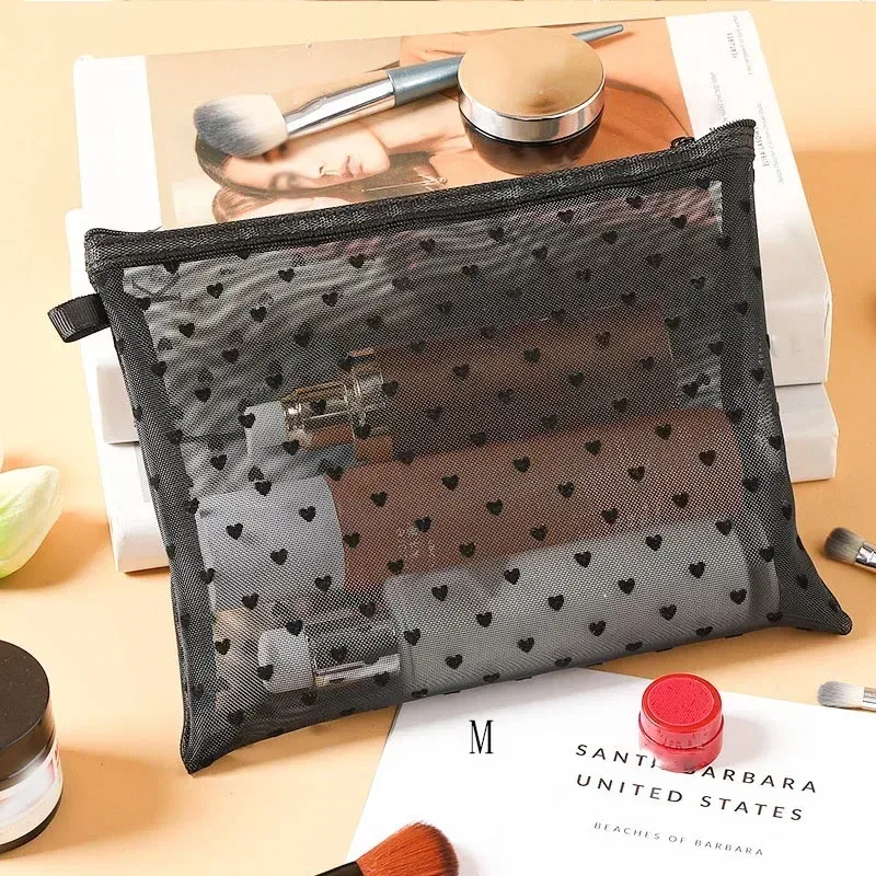 sacs à cosmétiques transparents en maille, 1 pièce, petit grand sac de maquillage noir pour femmes, organisateur de toilette de voyage, pochette de rangement de rouge à lèvres, trousse à crayons
