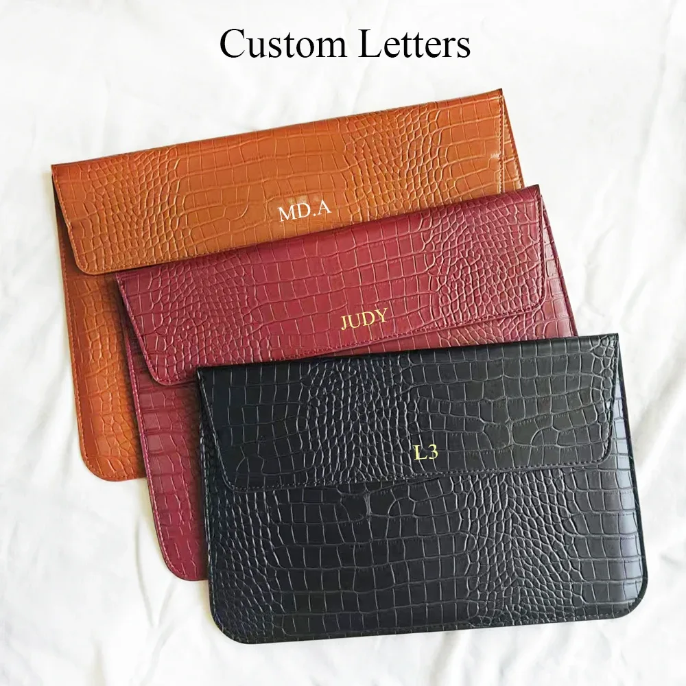 étui pour ordinateur portable en cuir pu effet crocodile personnalisé avec logo gravé, pour hommes et femmes, 13, 14, 15 pouces, compatible air pro, avec support intégré