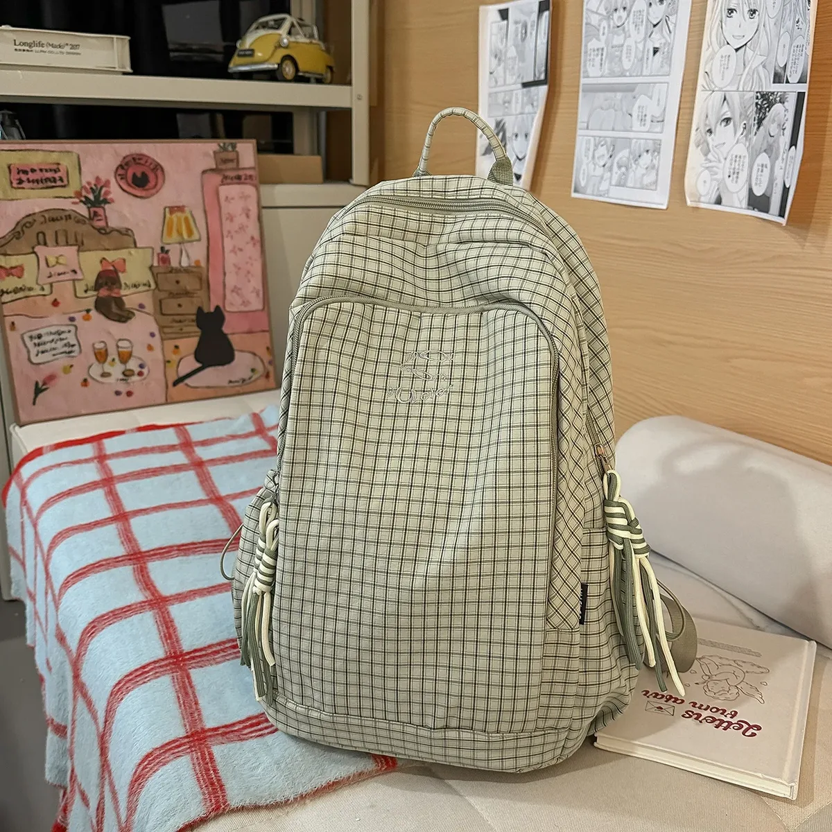 sac à dos coréen à carreaux avec cordon de serrage, grande capacité, pour étudiants et navetteurs, en nylon léger, sac à livres décontracté en forme de seau avec fermeture éclair, couleur foncée