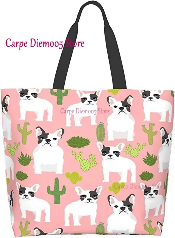 sac fourre-tout grande capacité pour femme, sac d'épicerie pour femme, bouledogues français mignons, initié