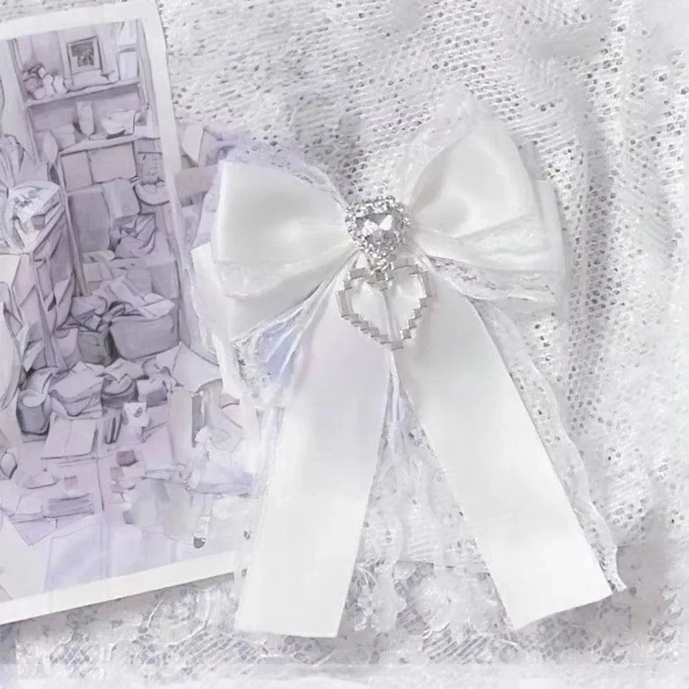 1/2pcs kit de nœuds en ruban à faire soi-même, double couche, avec pendentif en forme de cœur, clip diamant, breloque de sac à dos lolita, cœur scintillant