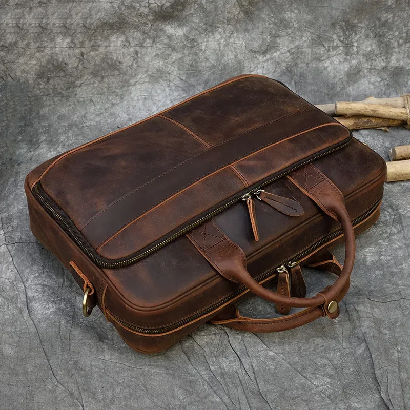 porte-documents rétro pour ordinateur portable, sacs à main en cuir véritable, sac d'affaires décontracté de 15.6 pouces, fourre-tout de travail quotidien pour hommes, sac pour documents