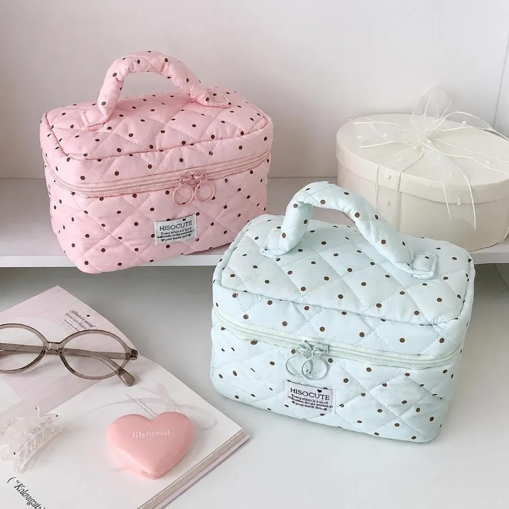 Sac de maquillage matelassé à motif à pois Kawaii avec poignée, grande capacité, organisateur de toilette de voyage, sac de rangement polyvalent pour femmes