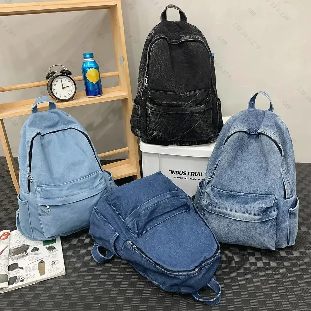 sac à dos rétro en toile à fermeture éclair pour hommes et femmes, sac d'école multi-poches, sacs de sport de voyage solides, nouveau denim, initié sr