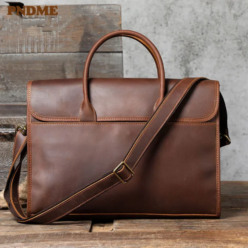 pndme – porte-documents rétro en cuir de vache crazy horse pour hommes, sac quotidien étanche pour ordinateur portable, sacs à bandoulière de travail en cuir véritable