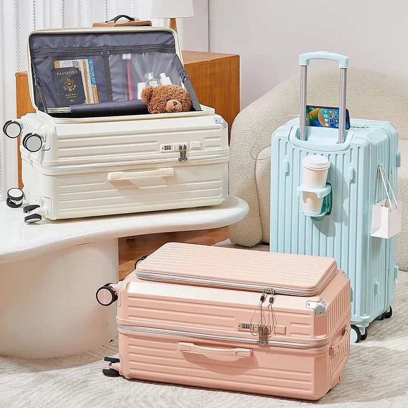 valise à ouverture latérale avec porte-gobelet usb, valise épaisse et durable, grande capacité, valises de voyage 36 pouces, 20/26/30/32 pouces