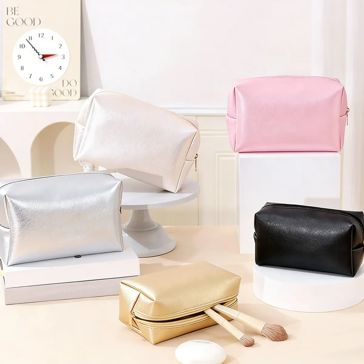 sac cosmétique en cuir avec logo personnalisé, grande capacité, sac de voyage pour maquillage, pochette zippée en cuir pu souple pour femmes, 2 tailles, multicolores