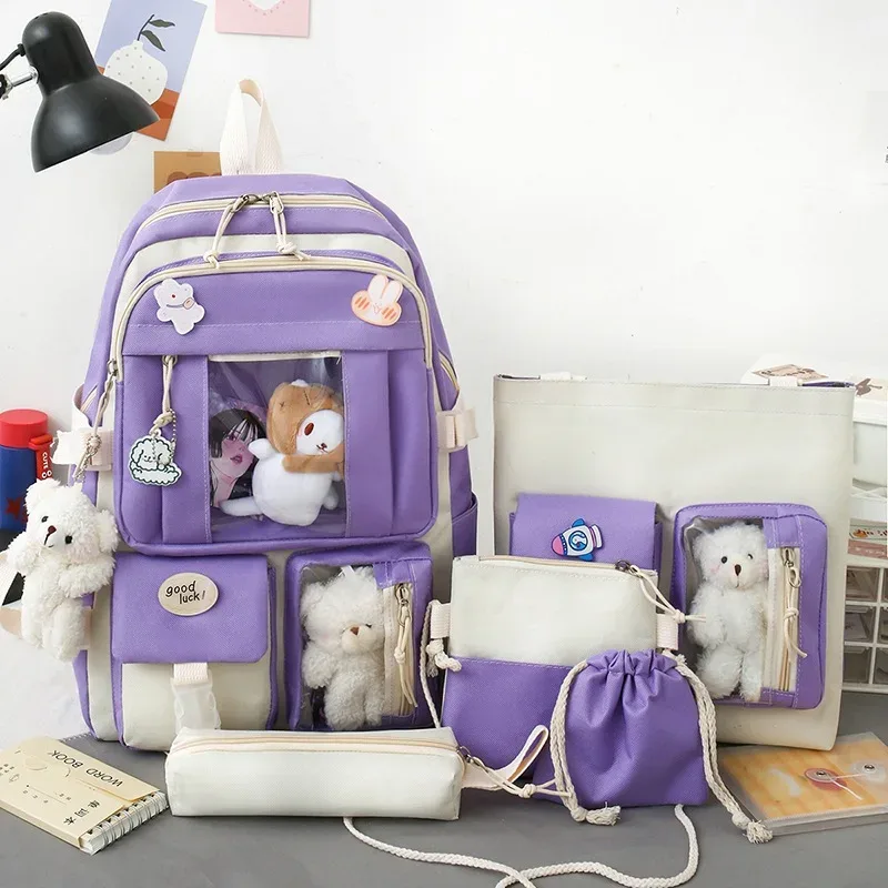 sacs d'école mignons kawaii pour filles, rose, bleu, vert, ensembles de 5 pièces, sac à dos étanche pour femmes, cartable décontracté coréen, mode 2023