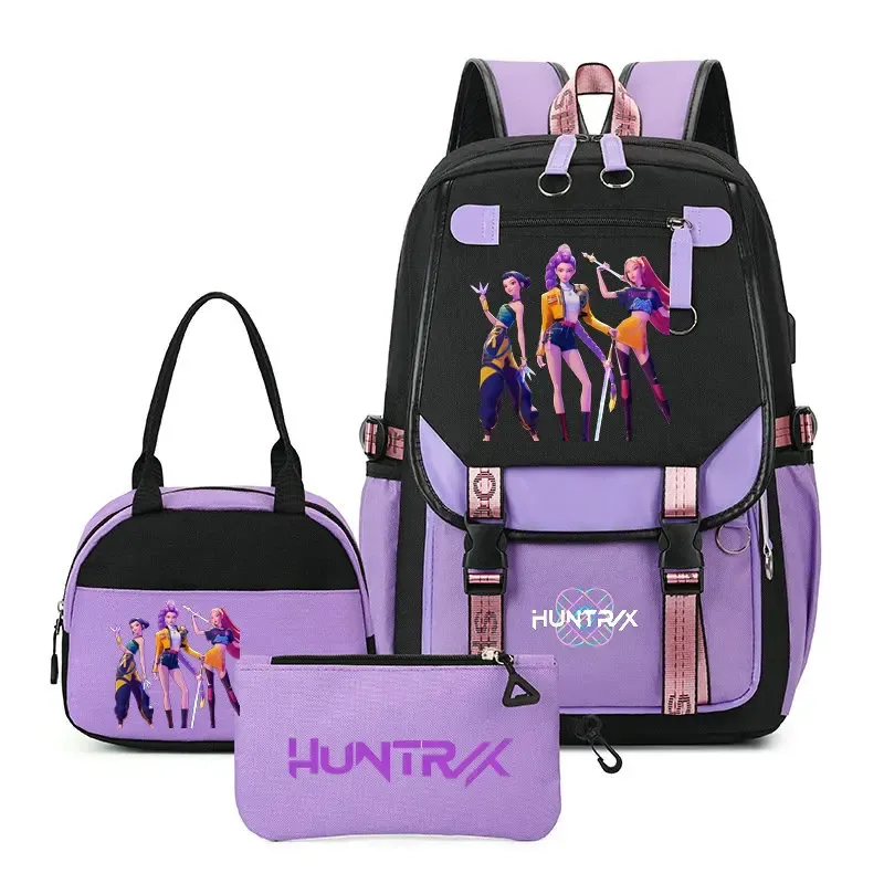 sac à dos kpop demon hunter pour adolescents, cartable de grande capacité, 3 pièces/ensemble avec sac à lunch pour femmes, étudiants, décontracté, confortable, pour voyage, mochilas