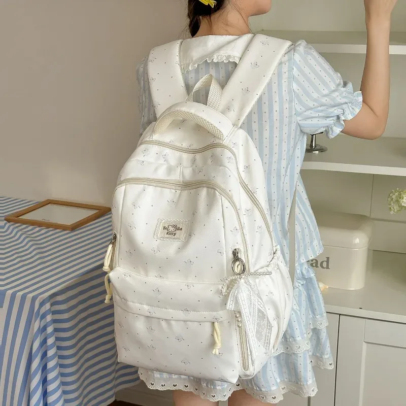 sac à dos en nylon imprimé avec motif nœud, style preppy, léger, pour étudiantes, avec plusieurs compartiments de rangement, sac de voyage
