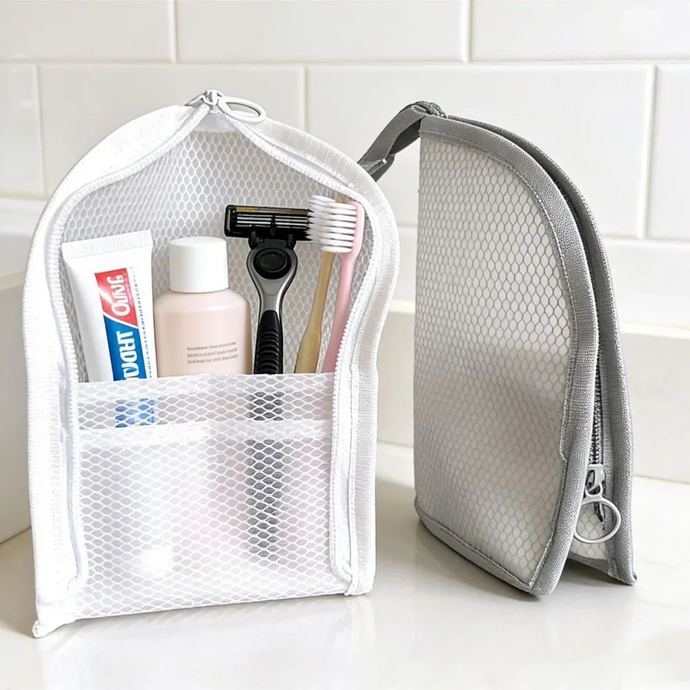 sac de toilette de voyage portable et étanche, trousse de toilette en maille, boîte de rangement pour brosse à dents, sac à maquillage pliable à fermeture éclair