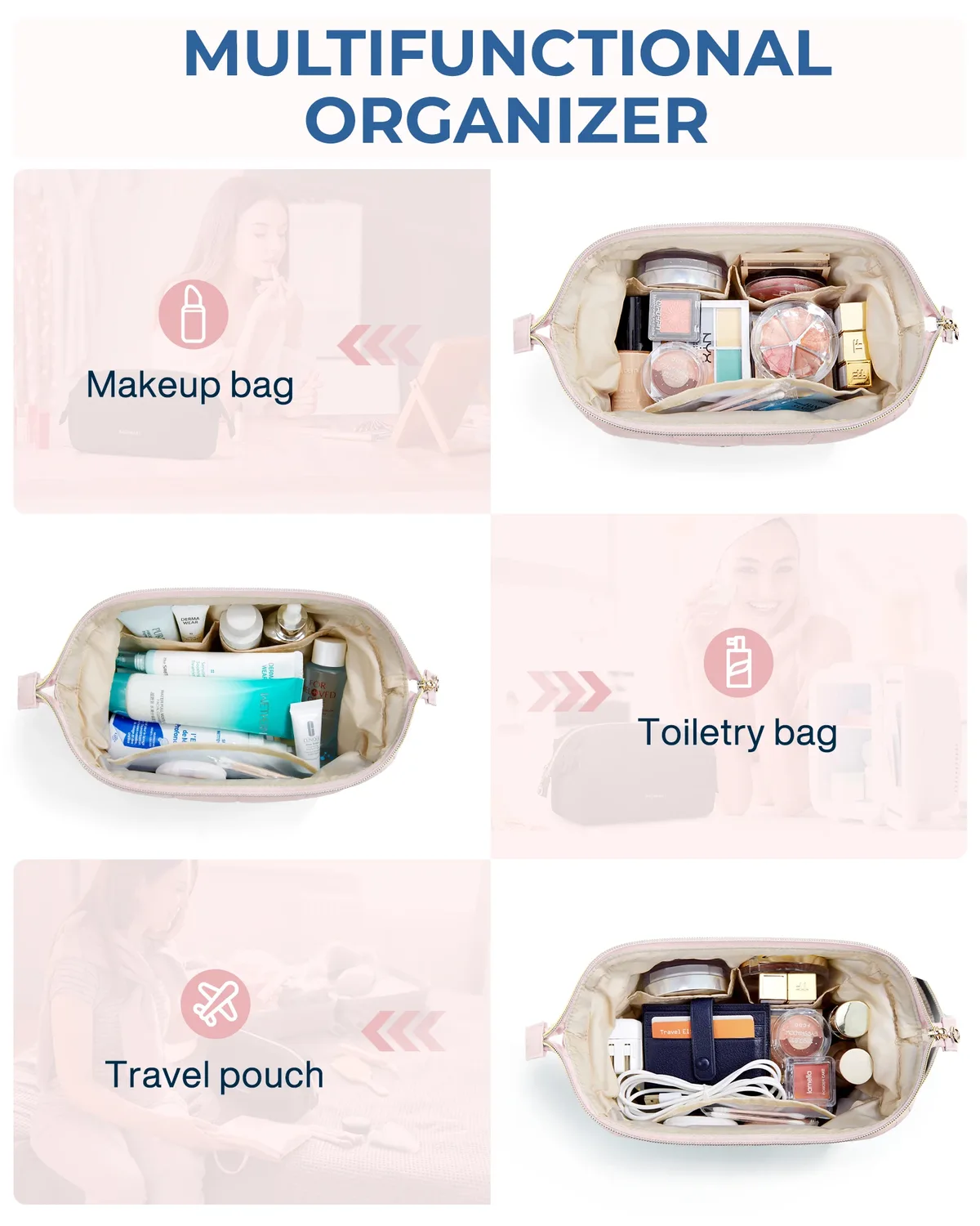 bagsmart-trousse de maquillage gonflée pour femme, trousse de maquillage rembourrée, trousse de maquillage, poudres larges ouvertes, trousse de toilette, essentiels de voyage
