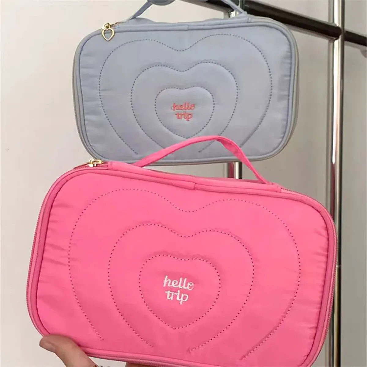 nouvelle trousse de maquillage portable à plusieurs compartiments, grande capacité, brodée, avec rabat, sac de toilette portable au motif sel marin, sac de voyage.