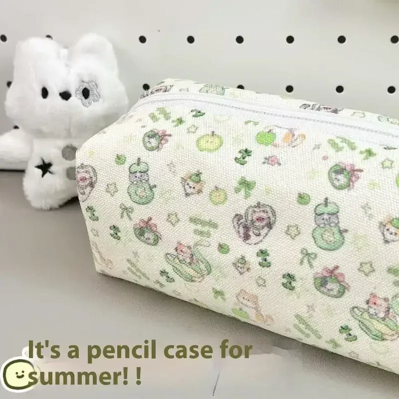 sacs de maquillage imprimés chat pomme vert mignon, 1 pièce, sac à crayons chaton de dessin animé, sac de rangement de papeterie de grande capacité