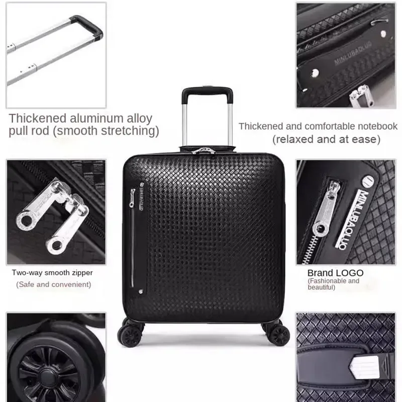 valise à roulettes en cuir véritable pour hommes, valise d'embarquement d'affaires, roue universelle, sac à bagages, motif tissé, 20 po, 16 po