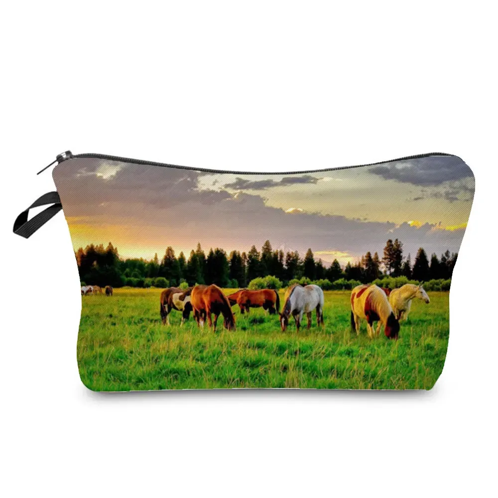sacs de maquillage imprimés cheval pour femmes, sac à cosmétiques décontracté pour filles, mini trousse de toilette écologique réutilisable de voyage, trousse à crayons pour étudiants