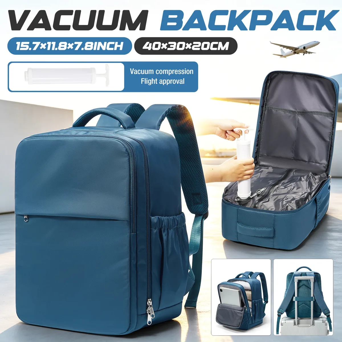sac à dos de voyage sous vide avec pompe manuelle, compatible ryanair, 40x30x20, pour ordinateur portable, école, avion, bagage à main