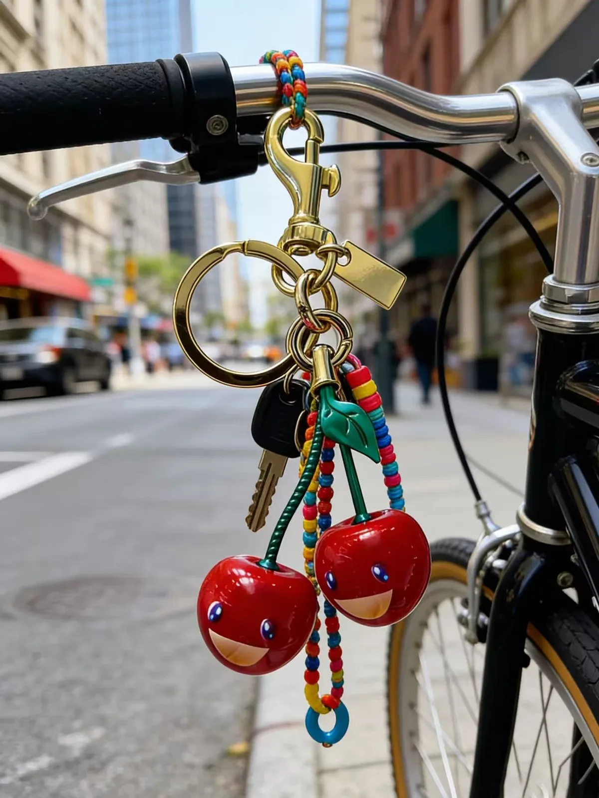 Porte-clés cerise souriant mignon – Breloque pour sac de fruits rouge et vert avec boucle dorée, pendentif en résine durable pour sac à main et sac à dos pour femme