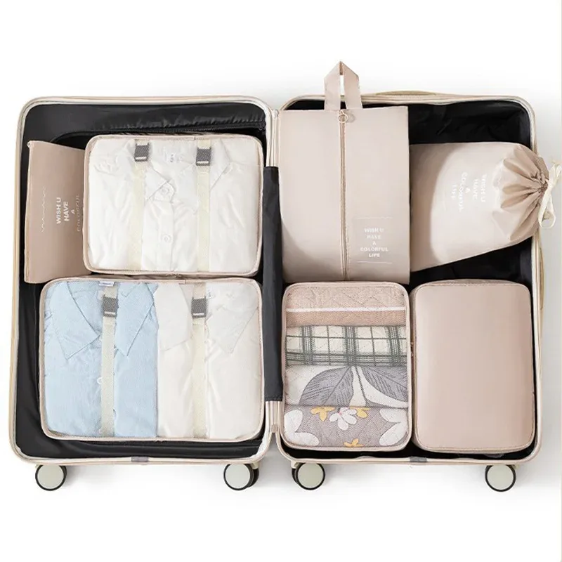 sacs de rangement pour organisateur de voyage, 7 pièces, cube de garde-robe, valise, ensemble de cubes d'emballage, bagages, vêtements, pochette à chaussures pliante