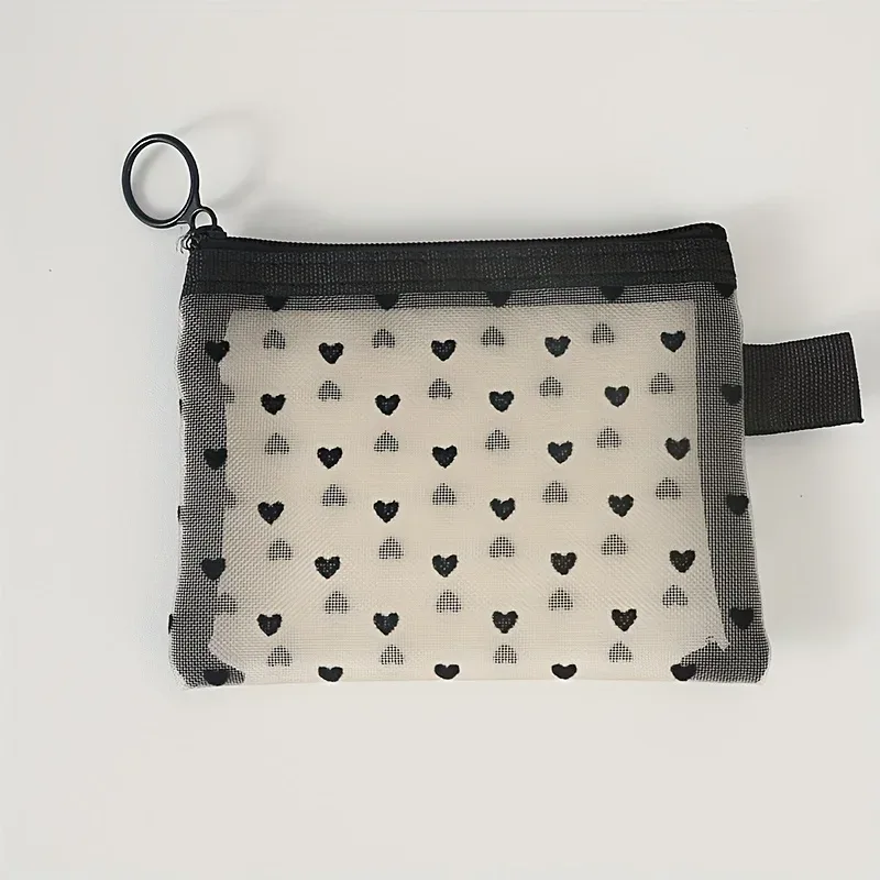 sac de maquillage en maille transparente en forme de cœur, pochette de rangement de cosmétiques multifonction pour femmes, sac de rangement de toilette portable pour dames 1 pièce