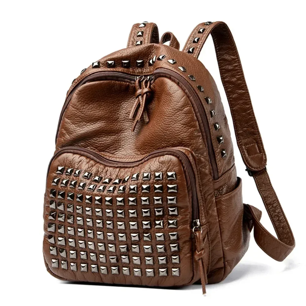 sacs à dos à rivets en cuir souple, design de luxe super cool, grande capacité, en pu, résistants à l'usure, punk, unisexe