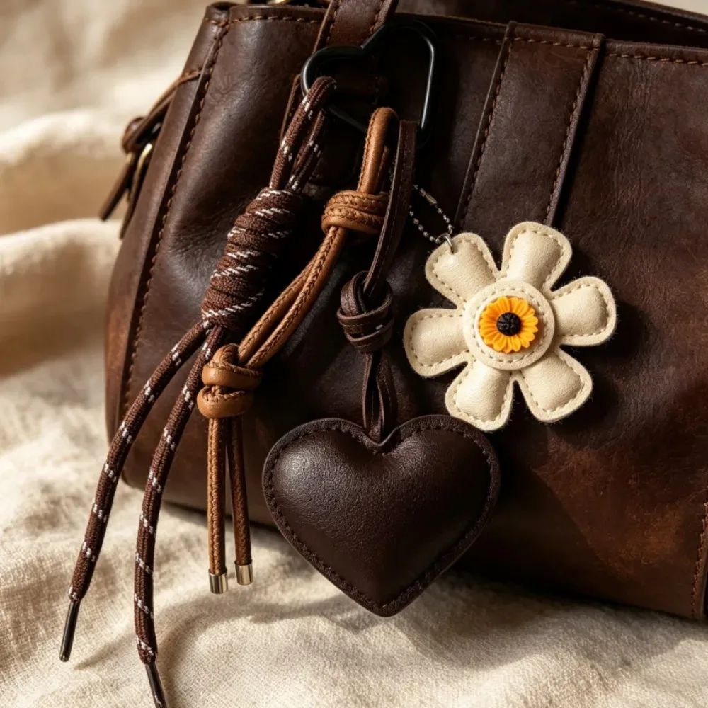 Breloque et porte-clés vintage en cuir en forme de cœur fleuri, pendentif de sac bohème fait main avec pompon pour femme, accessoire esthétique pour sacs fourre-tout