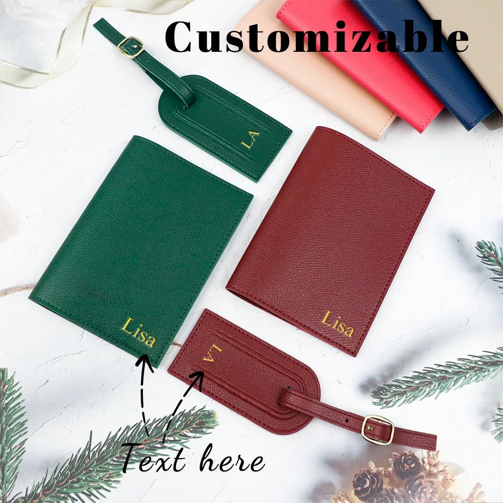 Étiquette de bagage anti-perte en cuir PU personnalisée + Ensemble de deux pièces pour porte-documents de voyage et porte-passeport