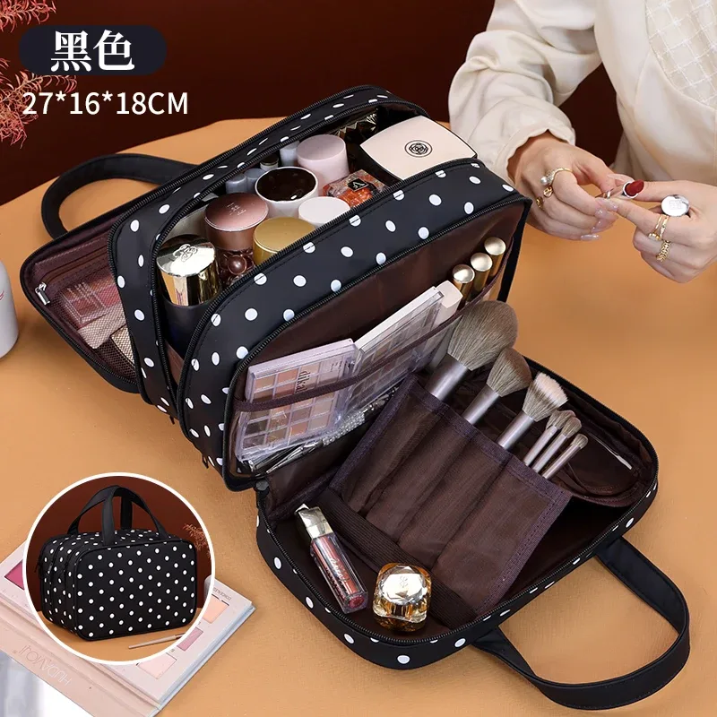 sac de maquillage portable à pois, sac à cosmétiques multifonctionnel à trois couches en cuir pu, sac de rangement de voyage étanche de grande capacité