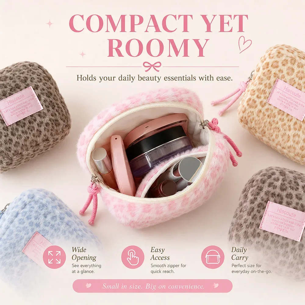 pochette cosmétique en peluche à imprimé léopard, mignonne, chaude, mini, carrée, légère, boîte à rouge à lèvres, sac de rangement pour maquillage, pour un usage quotidien