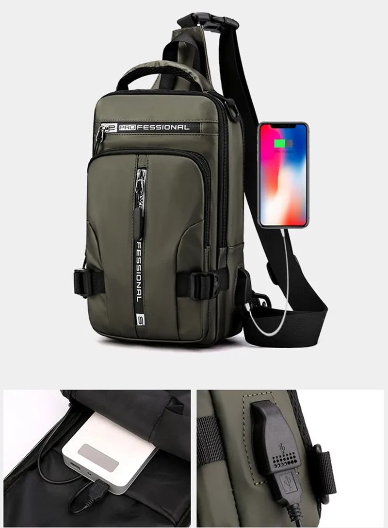 sac à dos à bandoulière pour homme, sac de poitrine initié, port de charge usb, sacs de messager polyvalents, nylon étanche, voyage