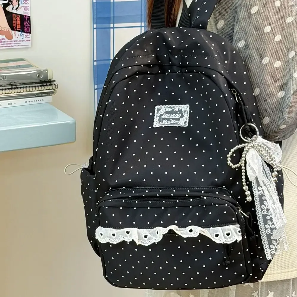 sac à dos tendance à pois grande capacité avec nœud et dentelle, sac à dos durable et minimaliste pour étudiant, idéal pour l'extérieur