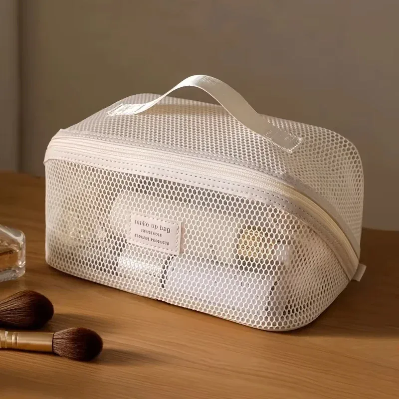 sac de maquillage en maille transparente, léger, portable, grande capacité, trousse de toilette de voyage, sac multifonctionnel à plusieurs compartiments