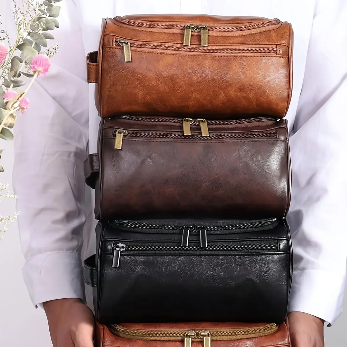 Trousse de Toilette pour Hommes, Trousse de Voyage Suspendue pour Rasage, Sacs Organisateurs de Produits de Toilette Résistants à l'Eau, Sacs Cosmétiques en Cuir PU