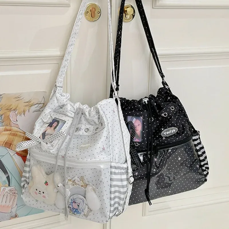 sac à dos ita mignon à pois avec cordon de serrage et poche transparente pour pince, sac multifonctionnel pour l'école, les trajets et les sorties