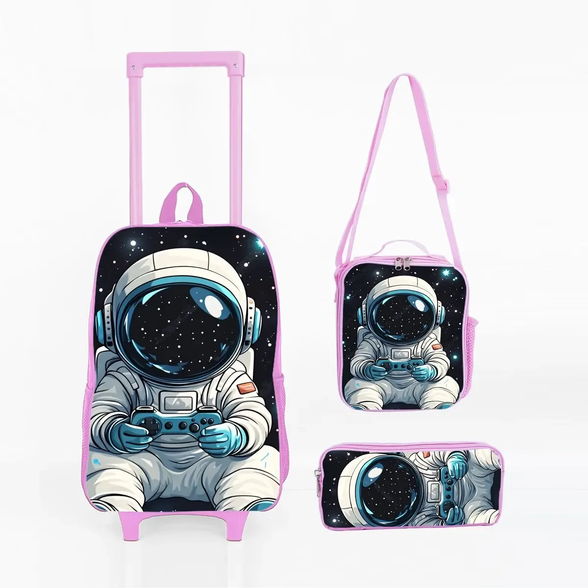 ensemble de sacs à roulettes à imprimé spatial d'astronaute avec boîte à lunch, trousse à crayons, sac à roulettes pour l'école, sac à dos pour fille/garçon