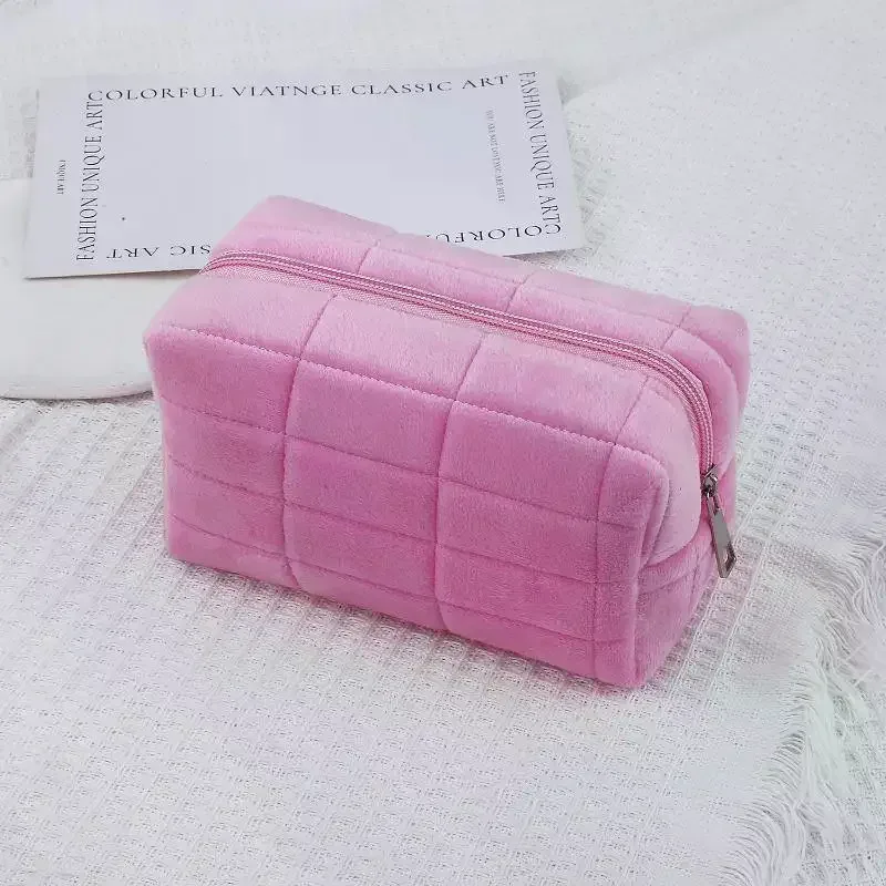 Trousse de maquillage en peluche pour femmes, grand sac à cosmétiques doux à fermeture éclair, trousse de toilette de voyage, pochette de lavage, sac organisateur de voyage