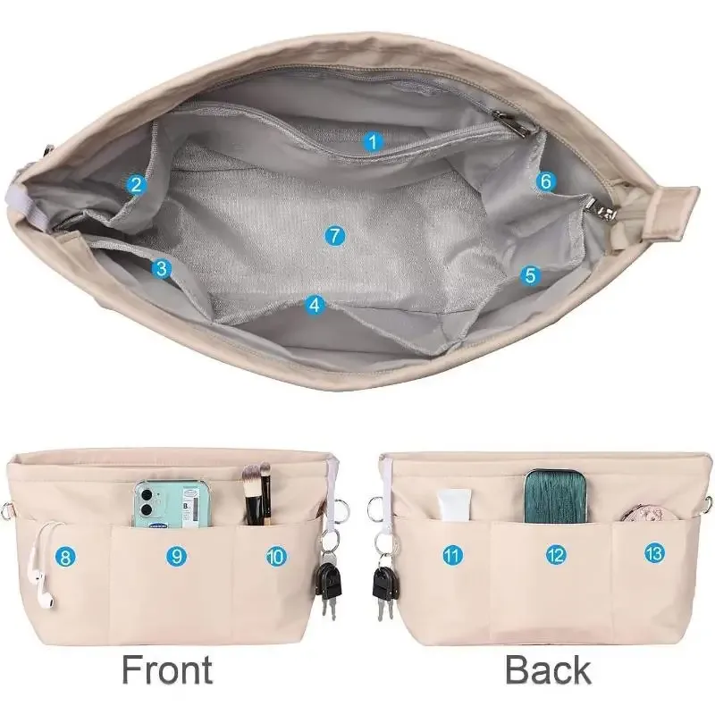 sac de rangement cosmétique vintage avec fermeture éclair, multi-poches, couleur unie, multifonctionnel pour femmes