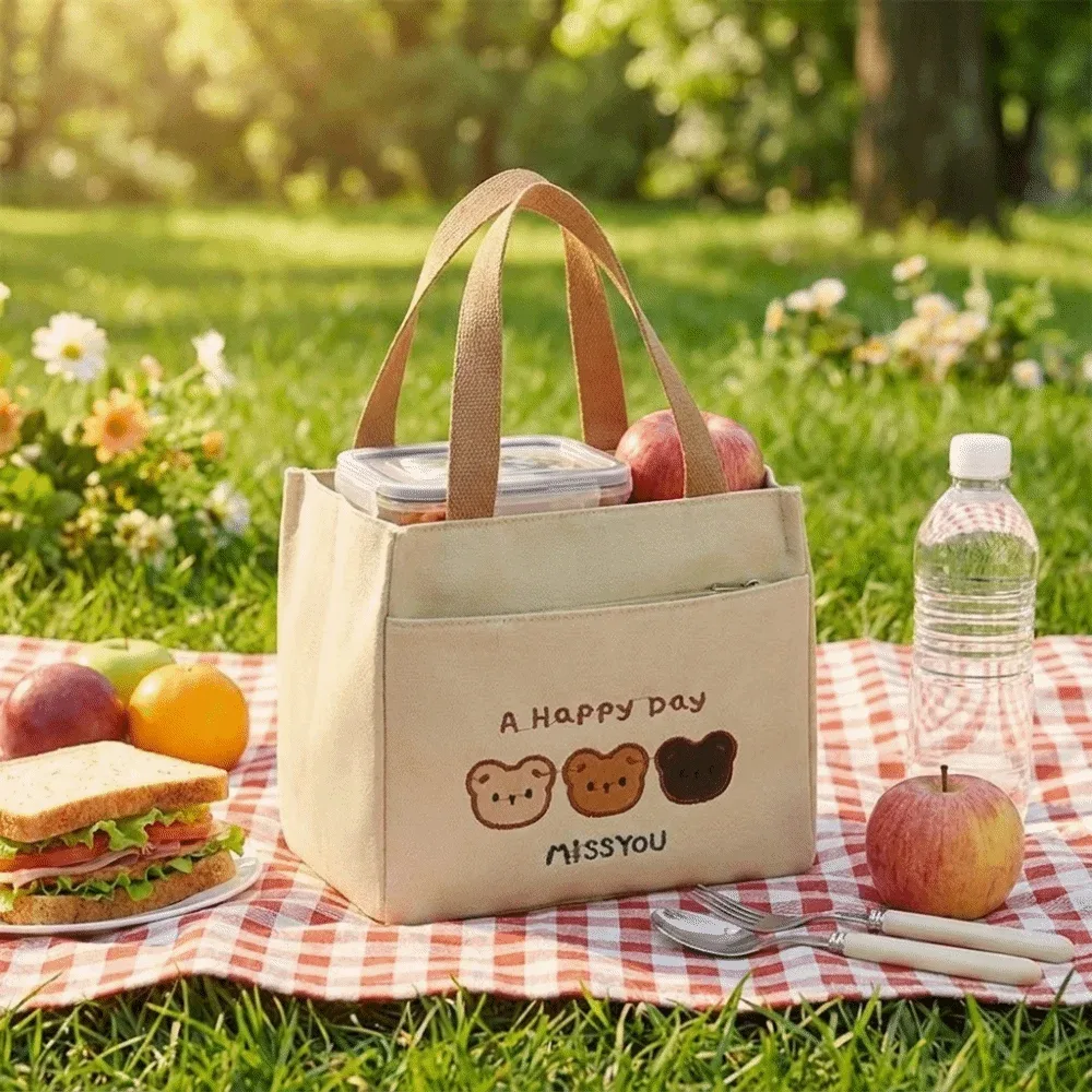 sac fourre-tout décontracté et mignon avec broderie 3 ours, fermeture éclair, grande capacité, sac à déjeuner en toile, pochette de rangement légère et réutilisable pour pique-nique