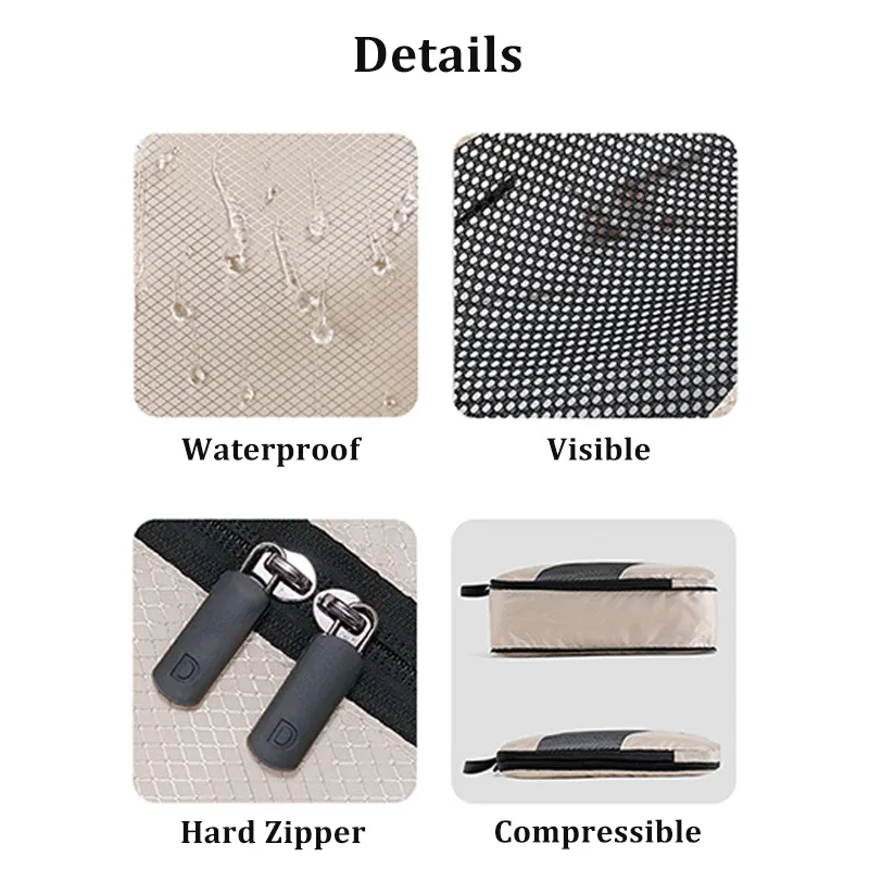 lot de 6 cubes de compression étanches pour bagages de voyage – organisateurs de valises, sacs de rangement compressibles