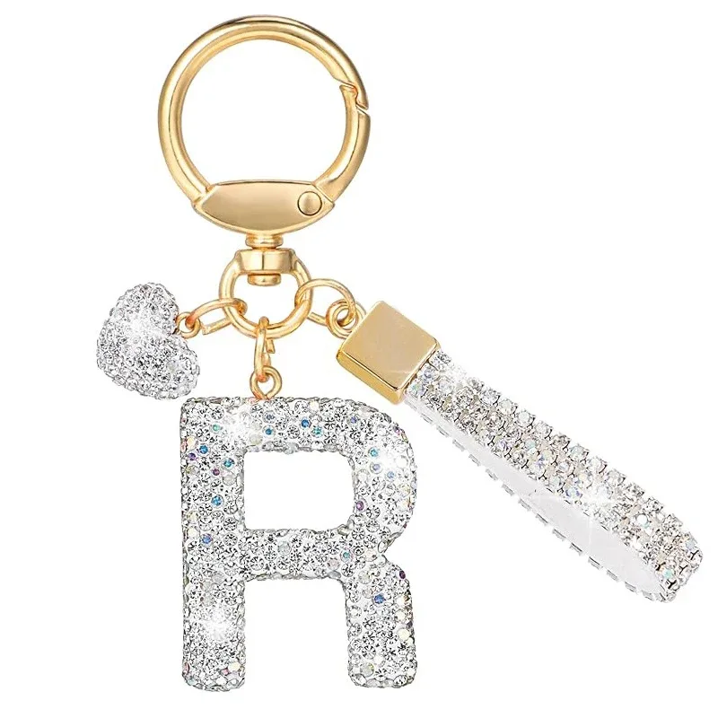 porte-clés avec lettres blanches brillantes, alphabet a-z pour porte-clés de voiture/sac à dos et cadeau avec lanière ajoutée