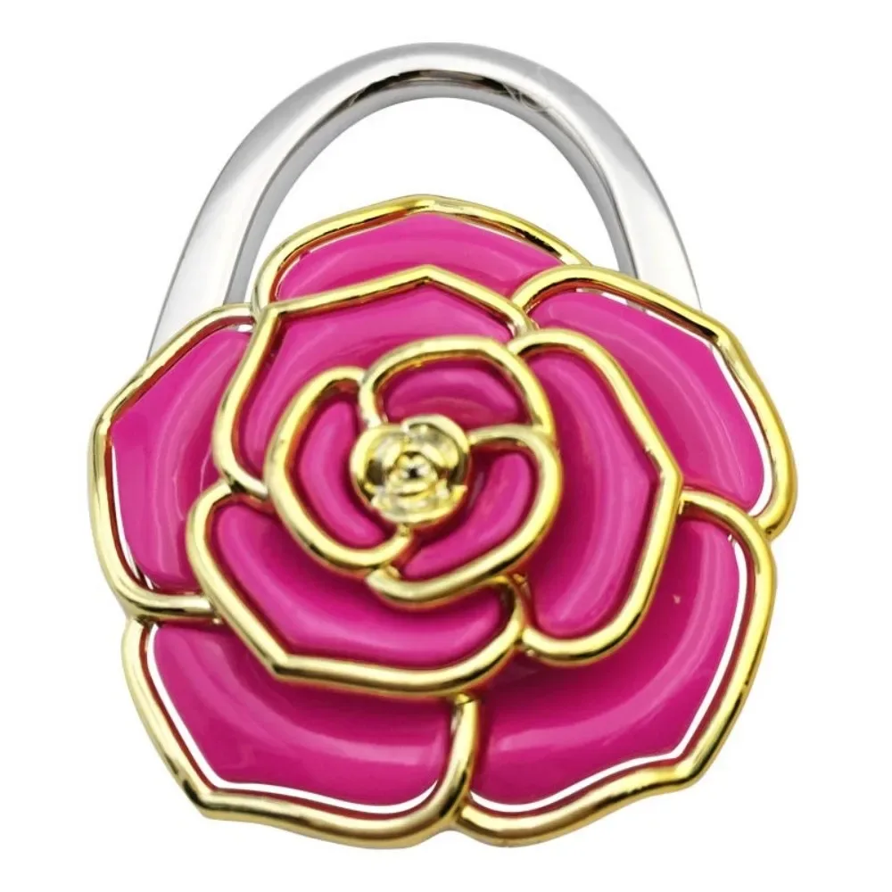 joli crochet pliable pour sac à main en forme de rose, support portable créatif pour porte-documents, support de table durable à bords dorés