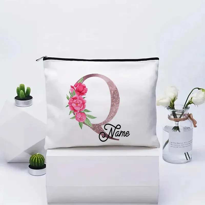 trousse de maquillage personnalisable avec prénom, cadeau de mariage, grande pochette en toile à fermeture éclair, motif floral pivoine, essentiels de voyage, maquillage