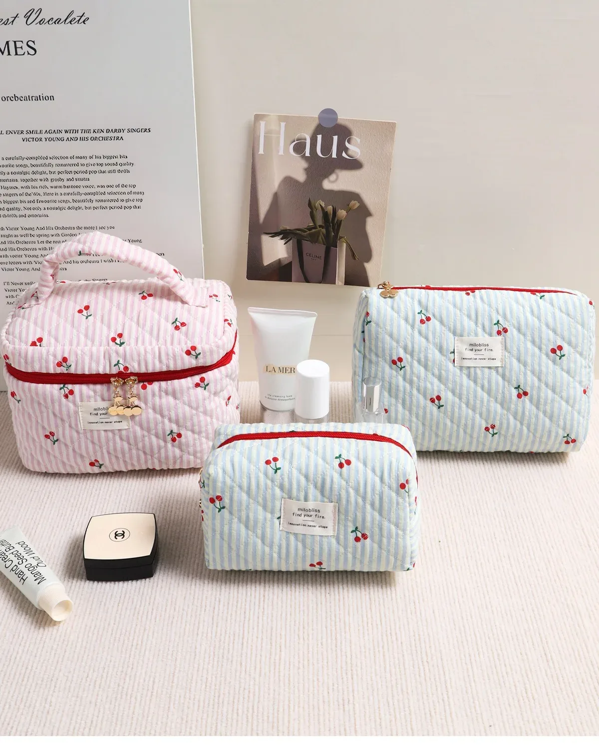 sac à cosmétiques matelassé imprimé cerise rouge ins, version coréenne, rayé, trois couleurs, polyvalent, simple, sac de rangement pour sortir, porte de voyage