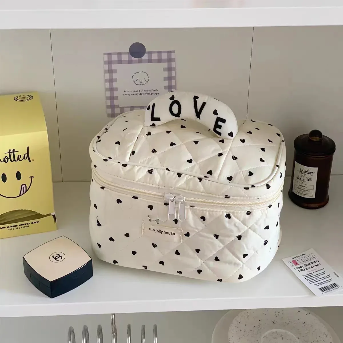 sac à main de maquillage en coton matelassé pour femmes, trousse de toilette portable, forme de boîte, fermeture éclair, évaluation cosmétique, femme, fille, mignon