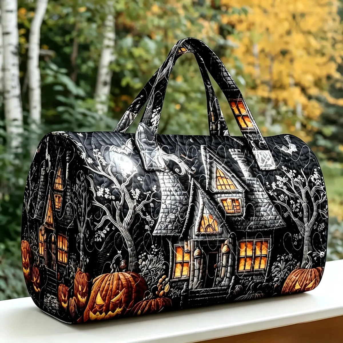 sac de voyage matelassé halloween, motif château fantôme, sac de week-end grande capacité, sac de voyage d'automne, sac de sport, sac de nuit pour femme, sac fourre-tout pour courts séjours.